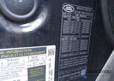 2020 Land Rover Range Rover Velar P250 R-Dynamic S из США, поврежденный, VIN SALYK2EXXLA243370